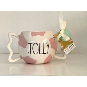 Rae Dunn MUG Christmas Jolly Peppermint Swirl PINK White Two HANDLED  NWT
